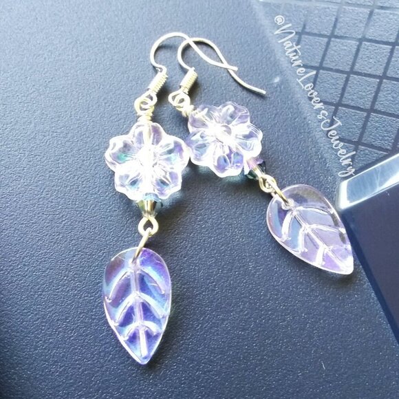Is it Winter Yet??? Iridescent Glowing Shimmering Flower + Leaf Dangle Earrings - Picture 2 of 9